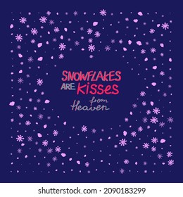 Humorous phrase warm wishes and kisses snowman in hand-drawn style surrounded by snowflakes on blue background. Cute design elements for scrapbooking, card, diary, printables.