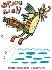 Humorous picture a bird jumping in the water. Sport for all.