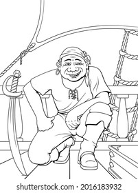 Pirata humorístico sonriendo y posando con sable en un escritorio de barco. Colorear página para niños.