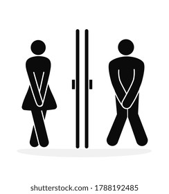 Humorous restroom sign for men and women showing people crossing their legs in desperation on white, colored vector illustration