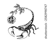 Humorous  Scorpion horoscope symbol with rose in the tail. Funny Zodiac Scorpio Sign. Hand drawn vector illustration