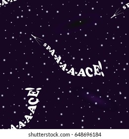 Humorous seamless pattern on the theme of space exploration. Research shuttle is flying in deep space. Behind the shuttle you can see a train in the form of inscription Spa-a-ace! 