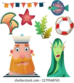 humorous set of cartoon characters of a sailor and a mermaid with items - algae, flags and fish. Flat design for decoration, needlework, creativity, etc.