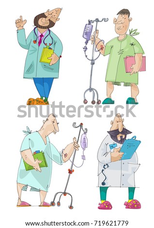 Humorous set of doctors and patients. Characters. Cartoon.