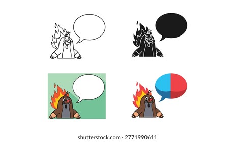 A humorous set of four cartoon mole illustrations engulfed in flames, each with a unique speech bubble, in outline, silhouette, and colorful styles.