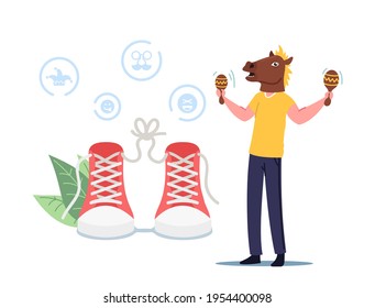 Situación humorística en el primer Día de los Inocentes de abril. Carácter bromeando con amigos haciendo trucos de graduación. Hombre Con Cabeza De Caballo Divertida Jugando A Maracas, Zapatos Amarrados, Maldición Engañosa. Ilustración del vector de dibujos animados