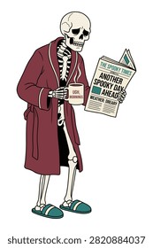 Humorous skeleton in bathrobe, holding steaming coffee mug and newspaper, ugh mornings, spooky times news, dreary weather.