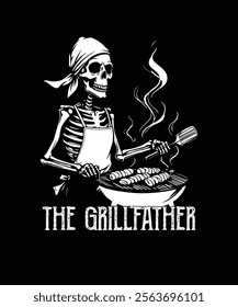 A humorous and stylized image of a skeleton wearing an apron and a bandana, expertly grilling sausages on a barbecue.