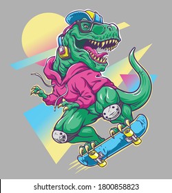 Humorous T Rex Dinosaur Riding On Skateboard. Cool 80’s Illustration Style.