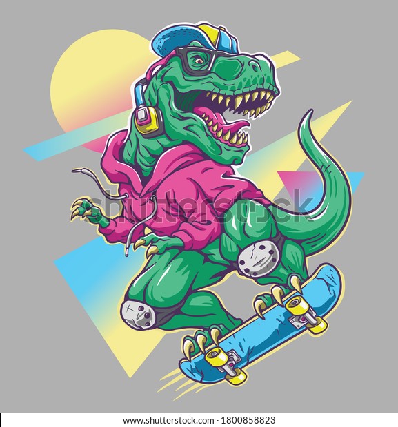スケートボードに乗ったユーモラスなtレックス恐竜 Cool 80のイラストスタイル のベクター画像素材 ロイヤリティフリー