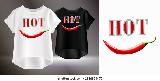 Humorous T-shirt print. Vector illustration of women's T-shirts with a pattern. Isolated image of women's clothing. Drawing of red pepper and letters on a t-shirt.