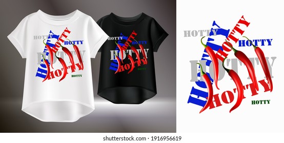 Humorous T-shirt print. Vector illustration of white and black womens t-shirts. Isolated image of women's clothing. Drawing of red pepper and colored letters on a T-shirt.