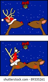 Humorous vector cartoon graphic depicting two holiday reindeer kissing under the mistletoe
