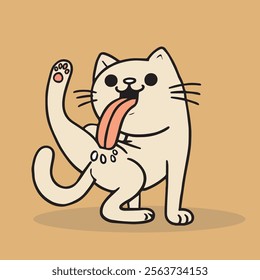 A humorous vector cartoon illustration of a cute cat cleaning its bottom while sitting in a playful pose. Ideal for pet-themed designs, funny cards, posters, or digital projects. This clean and detail