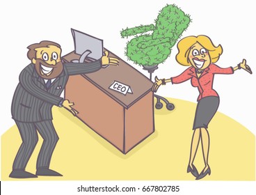 Humorous vector cartoon of two managers welcoming and offering chief executive position with cactus chair.