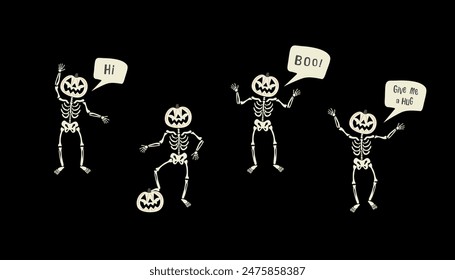 Un Vector humorístico con esqueletos con cabezas de calabaza, saludando, con burbujas de discurso dando Hola, Boo, y Dame un Abrazo. Contra un fondo negro. Bonitos personajes para tus diseños de octubre.