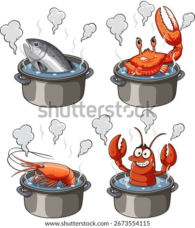 Humorous vector of fish, crab, shrimp, and lobster cartoon characters boiling in steaming pots.