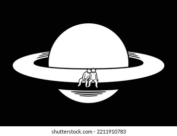 Humorous vector illustration, in black and white with borderlines, of the planet Saturn in whose border of the ring there are two astronauts siting.