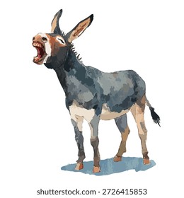 Ilustración vectorial humorística de un burro braying con la boca abierta, perfecta para temáticas de animales de granja, contenido infantil o diseños de personajes expresivos.