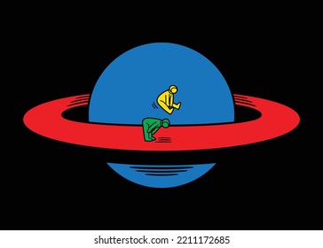 Humorous vector illustration, in bright colors on a black background, of the planet Saturn in whose ring there are two astronauts playing like children.