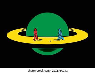 Humorous vector illustration, in bright colors on a black background, of the planet Saturn in whose ring there are two astronauts playing golf.