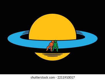 Humorous vector illustration, in bright colors on a black background, of the planet Saturn in whose border of the ring there are two astronauts siting.