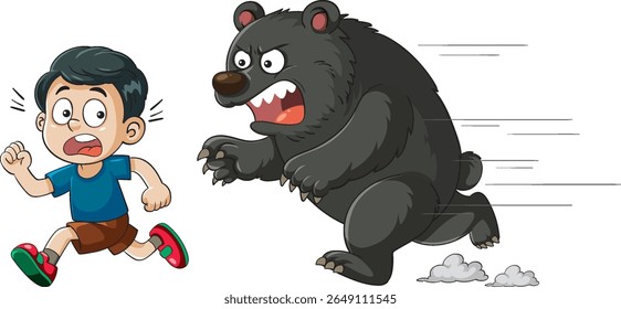 Ilustração humorística vetorial de um menino de desenho animado fugindo de um urso irritado em um estilo divertido