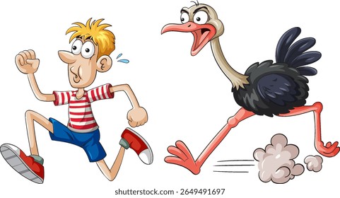 Ilustração humorística vetorial de um menino de desenho animado saindo de um avestruz irritado em uma perseguição divertida