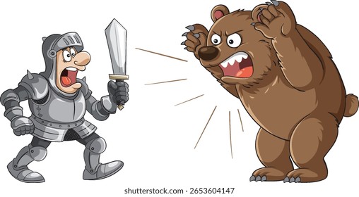 A humorous vector illustration of a cartoon knight facing an angry bear, highlighting exaggerated expressions and vibrant colors