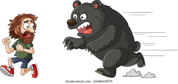 Ilustração humorística vetorial de um homem de desenho animado fugindo de um urso bravo, mostrando movimentos dinâmicos e expressões exageradas