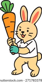 Una Ilustración vectorial humorística de un lindo conejo de dibujos animados vestido con una camisa deportiva blanca, sosteniendo una zanahoria naranja gigante como si fuera un murciélago de cricket. Este diseño de personaje creativo y juguetón combina temas de animales con deportes, lo que lo hace perfecto para campañas de alimentación saludable para niños, carteles deportivos divertidos, pegatinas y tarjetas de felicitación caprichosas. Diseño plano de alta calidad aislado en un fondo blanco.