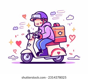 An humorous vector illustration of a delivery dude riding a scooter