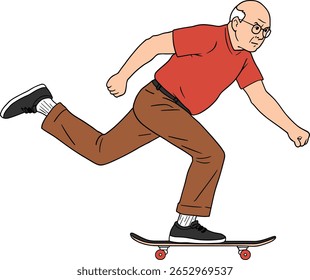 A humorous vector illustration of an elderly man skateboarding. The senior character wears casual clothes and glasses, showing an energetic and active lifestyle. Great for concepts of age defiance, sp