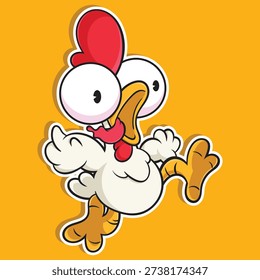 A humorous vector illustration of a frantic white chicken or rooster with bulging eyes and an open beak. This silly mascot is depicted in an energetic running or dancing pose, featuring a bold sticker-style white outline against a vibrant yellow background. Ideal for funny designs, stickers, or farm-themed humor.