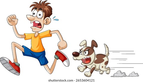 Ilustração de vetor humorística de um homem correndo longe de um cão pequeno e agressivo em uma perseguição dinâmica