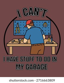 Una Ilustración vectorial humorística de un hombre trabajando en su garaje con herramientas y equipos, perfecto para temas de bricolaje y mejoras para el hogar.
