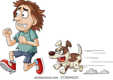 Ilustración vectorial humorística de un hombre asustado huyendo de un perro persiguiendo enojado.