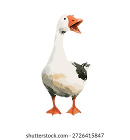 Una Ilustración vectorial humorística de un ganso blanco tocando la bocina en voz alta, perfecta para temas de animales de granja, libros infantiles o contenido educativo. Gráfico aislado.
