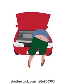 Humorous Vector Image Of A Man Looking Under Bonnet Of A Car