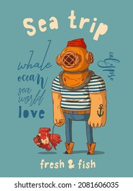 Humorous vertical marine poster. Sketch drawn vector illustration of huge old style diver with massive arms and anchor tatoo, wearing a tee with stripes ornament walking a fish pet on a leash