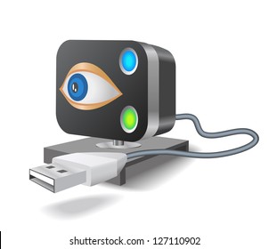 Humorous webcam and USB connector are shown in the image.