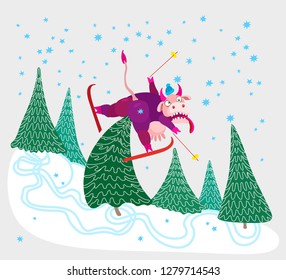Humorous winter vacation holidays tee shirt print with blue snowflakes. Cartoon crazy cow goes skiing from the mountain and falls on a spruce tree. Book cover, post card, party invitation.