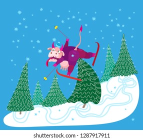 Humorous winter vacation holidays tee shirt print with blue snowflakes. Cartoon crazy cow goes skiing from the mountain and falls on a spruce tree. Book cover, post card, party invitation