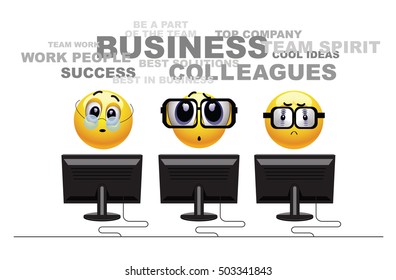 Humors vector illustration of a teamwork in a company. Hardworking smiley colleagues. Winning team. Everything is possible with the right people.