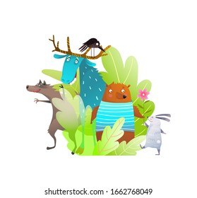 Niños humorísticos animales de bosque o bosque personajes graciosos de cuervos de conejo de oso alce y lobo en el monte. Retrato adorable de la composición de animales de bosque de animales bebé composición graciosos lana oso oso de caras tontas caricatura  