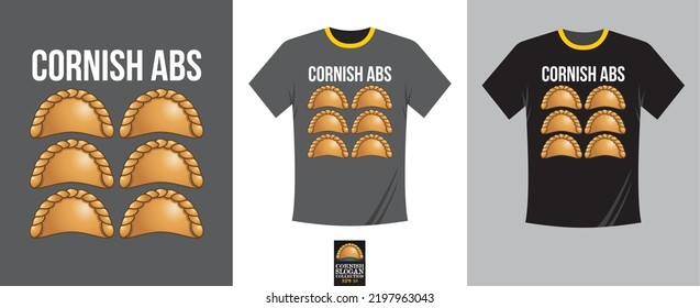 Humourous T-Shirt design entitled Cornish abs with illustrations of Cornish pasties inferring the pastie are a set of developed human abdominal muscles