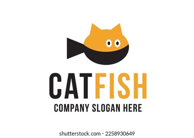 A humourous two colour logo and the title 'Catfish' featuring fish's body but and cat's head    text placeholder