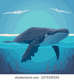 Humpback blue whale in open sea. Underwater fish and sea creatures in natural habitat. Flat vector illustration concept