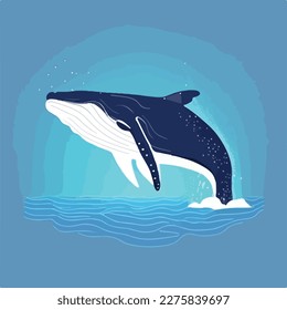 Humpback blue whale in open sea. Underwater fish and sea creatures in natural habitat. Flat vector illustration concept