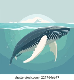 Humpback blue whale in open sea. Underwater fish and sea creatures in natural habitat. Flat vector illustration concept